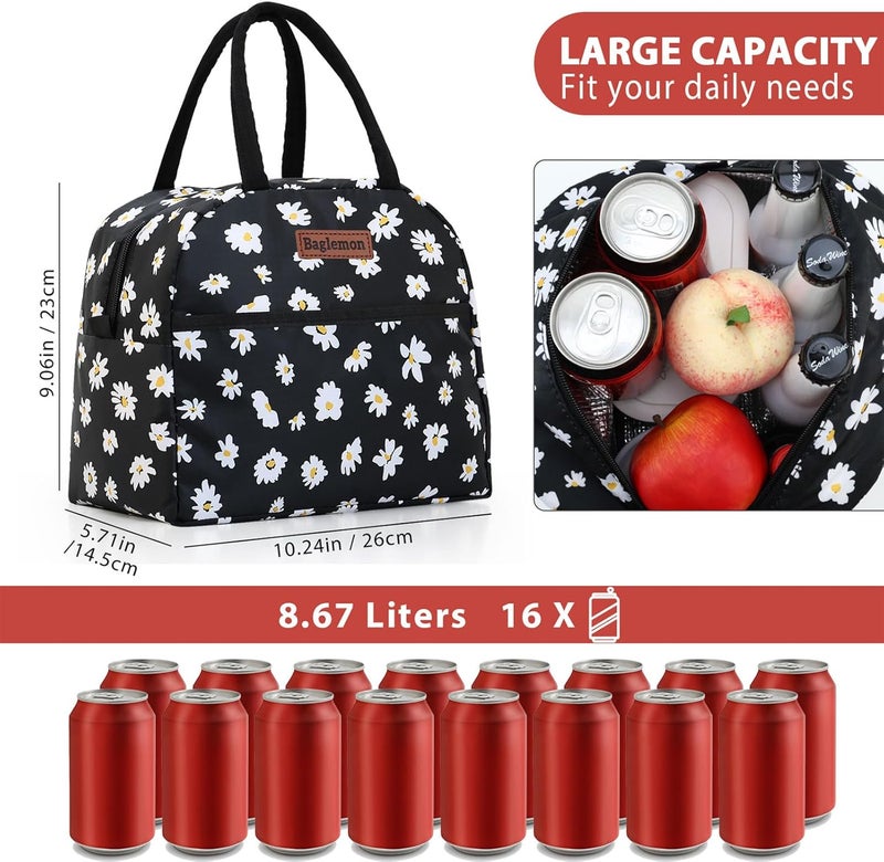 Baglemon Insulated Lunch Bag for Women Men, Lunch Containers Reusable High Capacity Lunch Tote Bags for Work Picnic (Blackdaisy) - Image 3